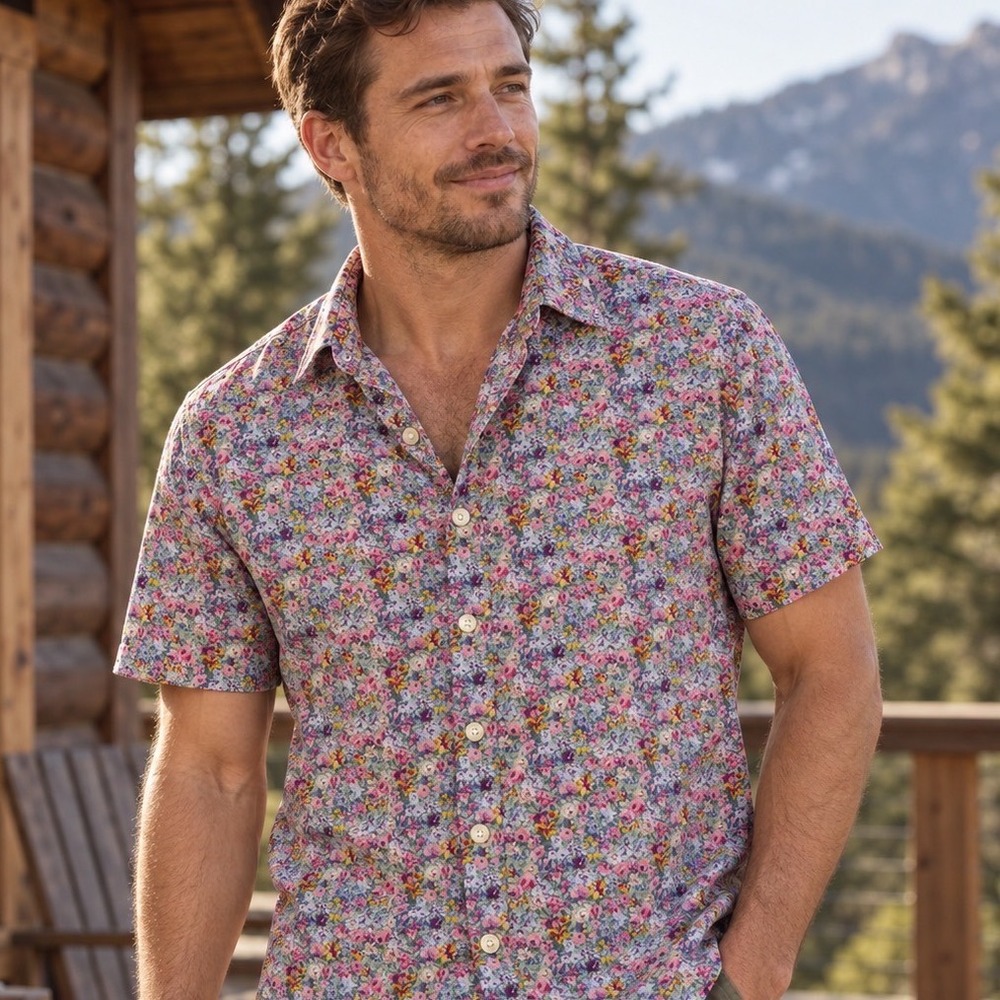 Kennington California Button Shirt Mens L Multicolor Floral Short Sleeve Cotton